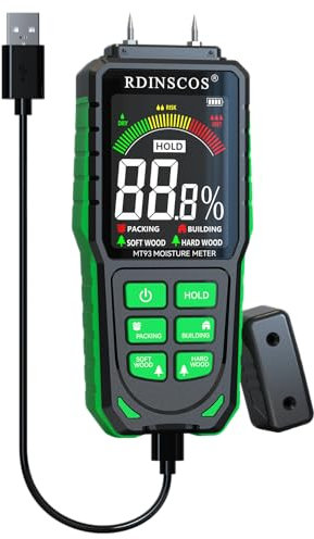 Wood Moisture Meter, Pin-Type Damp Meter for Logs Rechargeable Moisture Detector with Big LCD Screen, Damp Tester for Hardwood, Softwood, Packing, and Building Materials