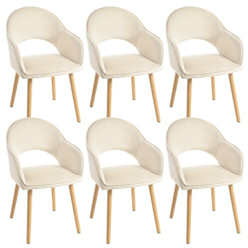 Goeurvant Esszimmerstühle Beige 6er Set mit Holzbeine Polsterstuhl Armlehnenstuhl Küchenstuhl Sitzfläche aus Samt Stuhl Esszimmer mit Armlehne Wohnzimmerstuhl