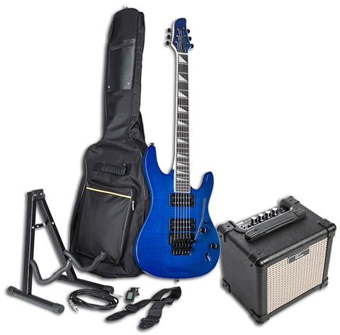 E-Gitarren Set, J & D 8051F SBL See Thru Blue, Fame EG-10AM Combo Verstärker, Zubehörpaket, Double Cut, Alnico Humbucker, Tremolo, ideal für Einsteiger und Profis