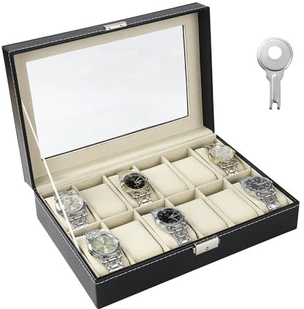 Caja Relojes con 12 Compartimentos, caja de relojes cubierta de vidrio, hecha de terciopelo, adecuada para almacenar relojes, joyas, etc,el mejor regalo para hombres y mujeres