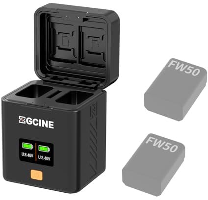 ZG CINE NP-FW50 Charger Box USB-C PD Quick Charge & OLED Display Portable Battery Charging Box for Sony Cameras (A7 III, A6000, A6300) + Memory Card Compartment
