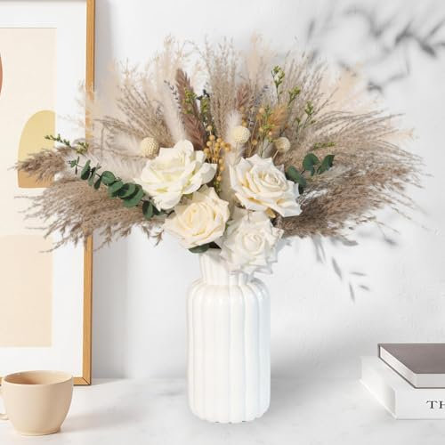 100PCS Dried Flowers with Vase, Pampas Grass Decor with Vase, Centerpiece Table Decorations, Dining Table Centerpiece Decor, Coffee Table Decor, Fake Flowers Living Room Home Decor (White Style 2)