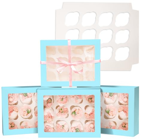 Gcardist Auto-pop Up 12 Cupcake Boxes with Window Licht Blau 6 Packs Cupcake Box 33x25.4x9cm Bakery Boxes For Cupcakes Carrier, Cupcake Containers(13×10×3.5 inch)