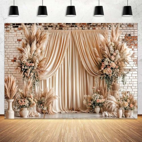 10X8ft Boho Floral Wedding Backdrop Wall Background Photography Beige Vintage Flowers Backdrops for Parties Wedding, Girls Birthday Princess Weeding Bridal Shower Floral Anniversary Ceremony Decor