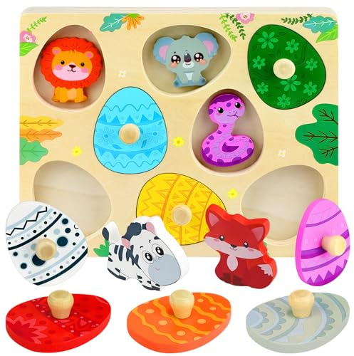 VingaHouse Montessori Spielzeug, 3D Kinder Holzpuzzle Tier Eier Spielzeug | Holzspielzeug ab 1 Jahr Greifpuzzle Motorikspielzeug Sortierspiel Geburztag Ostern Geschenk für Mädchen Jungen Kinder [Tier]