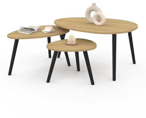 IDMarket - Lot de 3 Tables Basses gigognes Gaia Bois et Pieds Noirs scandinave