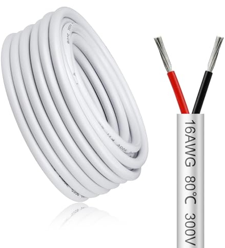LightingWill 16.4FT/5M 16AWG 2x1.5mm² Electrical Wire 2 Core Cable, White 16 Gauge 5V/12V/24V/240V/300V Low Voltage Flexible Extension Cable, Tinned Copper Wires, High Temperature Resistant