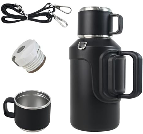 MIGHTYDUTY 1,5L Botella Termica Agua Acero 24h Caliente y Fria Termo Agua con Taza, Colador de Té, Asa y Correa para el Hombro, Negro 1,5L