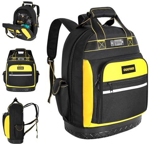 FREEAMG Werkzeugrucksack mit Gummiboden, Werkzeugtasche für Elektriker, Robuster Werkzeugrucksack Organizer mit Gepolsterten Schultergurten für Bauarbeiter (Gelb)