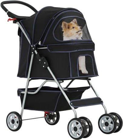 BestPet 4-Wheel Pet Stroller Dog and Cat Stroller Breathable Mesh Lightweight Travel Carrier Waterproof & Foldable Design Storage Basket for Daily Walks & Outdoor Use，Black