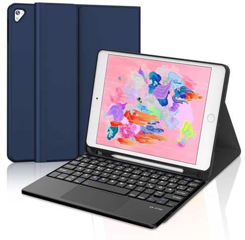 JADEMALL Für iPad Air 2 & iPad 6 9,7 Tastaturhülle mit Touchpad QWERTZ | Mit Touchpad - 120 Tage Standby, Leichtes Schutzhülle mit Tastatur, Für iPad 6. Generation Hülle mit Tastatur Tiefblau