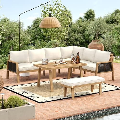 BTM 6-7 Seater Patio Dining Set, Garden Furniture Set with Acacia Wood Frame & Tabletop, Garden Corner Sofa + Bench with Rope Braiding and All Chairs & Backrest Cushions, Natural+ cream
