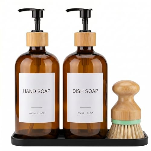 Seifenspender Küche Set 600ml, Spülmittelspender & Handseifenspender, PET-Flasche mit Bambuspumpe, Silikontablett, Spülbürste & 8 wasserdichte Etiketten für Küche (Braun)