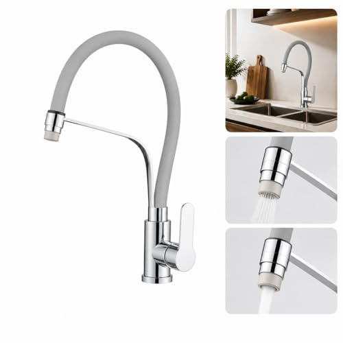 VANOXA Grifo de Cocina Monomando Flexible, Gris/Cromado | Silicona 60 cm | Giro 360° | 2 Modos de Agua | Para Fregadero | Caño Flexible