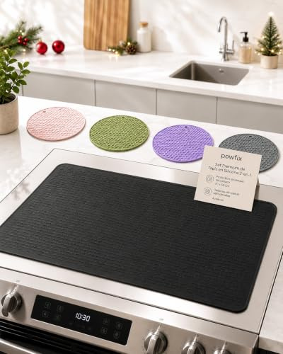 Tapis Protection Plaque Induction 70x50 cm, Cache Plaque de Cuisson en Silicone Noir Anti-Rayures Antidérapant, Protège Plaque Vitrocéramique et Plan de Travail avec 4 Dessous de Plat Silicone 18 cm