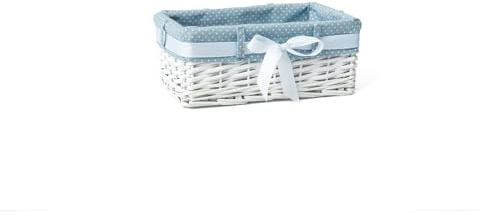 Woodluv Rectangular White Willow Wicker Hamper Storage Basket-With Blue Fabric & Ribbon (Gift Hamper Basket) -SMALL