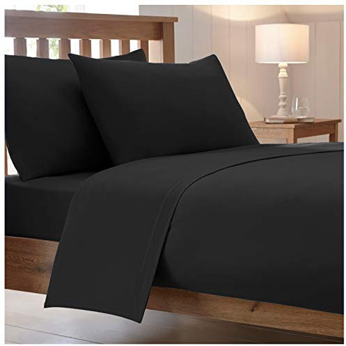 25 Cm / 10” Inch Fitted Bed Sheets Combed Poly Cotton Non Iron Easy Care Percale Plain Soft Sheet Bedding (Black, King)
