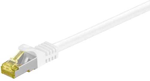 Cable de conexión RJ45 con cable raw CAT 7, doble blindaje, S-FTP hasta 600 Mhz, cable de cobre libre de halógeno, contactos dorados, 20 metro, blanco