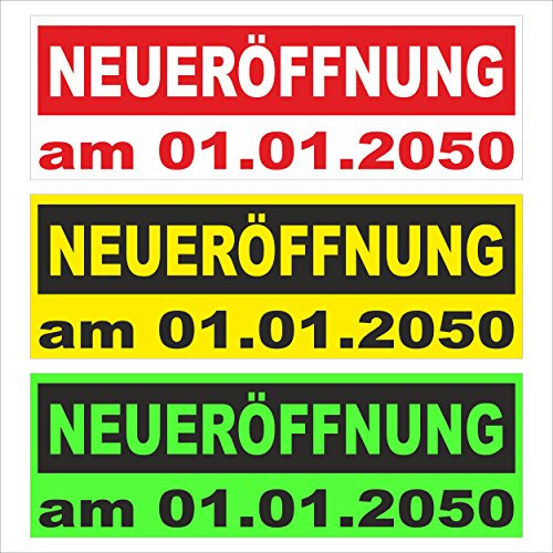 Neu-eröffnung mit Datum – freie Farbwahl – 150x50cm - stabile 520g PVC Werbe-plane – in 3 Größen (150x50cm, 250x70cm, 300x100cm) verfügbar – P00002-006-1500x500