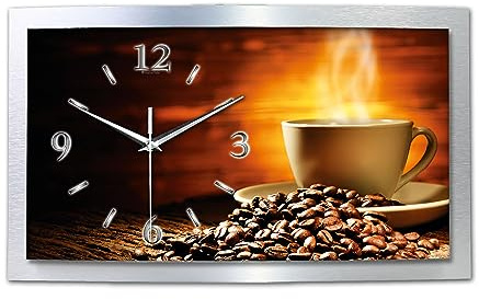 Kreative Feder 3D Designer-Wanduhr Kaffeegenuss in modernem Metallic-Design; leise Quarzuhr mit Motiv wahlweise in Zwei Größen (WAA121, 50x30cm; leises Quarzuhrwerk)