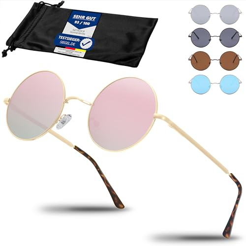 Netrox - Runde Sonnenbrille im Retro-Stil mit Metallrahmen + Etui und Microfaserbeutel - UV400-Schutz - Vintage Unisex Herren und Damen - Sonnenbrillen, Gläser verspiegelt, Sunglasses, rund, pink