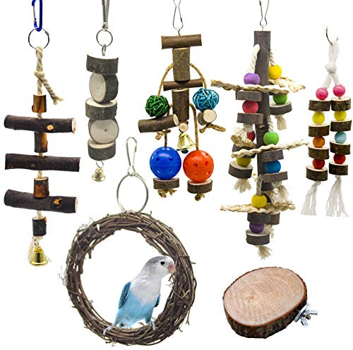 Chikanb Juguetes de Ave Colorida para Masticar, 7 Piezas Pájaro Columpio de Juguetes, percada de Madera y Escalera, Colgar Juguetes de Jaula de Pájaro para Periquito Cockatiel Conure Guacamayo