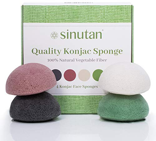 Sinutan® | Konjac Gesicht Schwamm | 100% Natürlich | Bambus-Aktivkohle/Grüner Tee/Roter Ton/Reinweiß | Runder Konjac Schwamm zum Peeling und Tiefenreinigung der Poren | Gesicht und Körper
