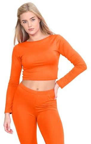 janisramone® Womens Crew Neck Crop Top, Long Sleeve Stretchy Summer Tops for Women UK, Plain Slim Fit Cropped Top, Ideal Casual Wear and Going Out Tops Neon Orange