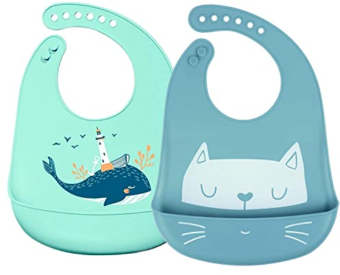 SLOSH Wasserdichtes Silikon-Lätzchen mit Tasche - Waschbar für Kinder von 6 Monaten bis 3 Jahren (blau)