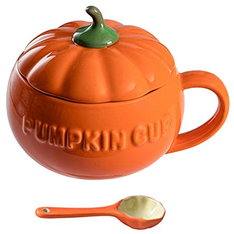 Angoily Tazas de Calabaza de Halloween Taza de Café de Cerámica con Tapa Taza de Sopa de Leche para El Hogar (Naranja)