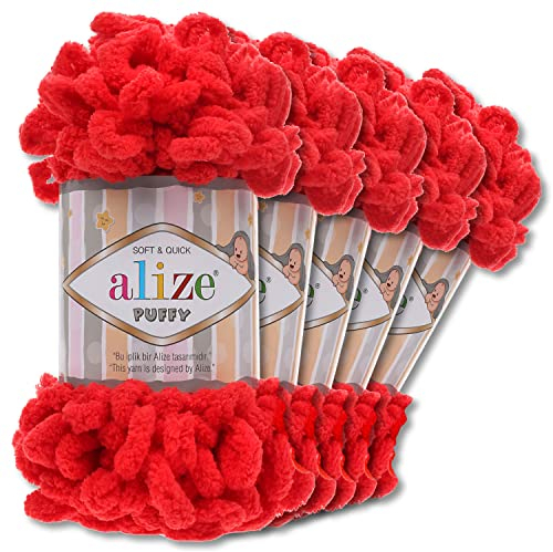 Wohnkult Alize 5 x 100 g Puffy Wolle Chenille Schlaufenwolle Häkeln und Stricken ohne Hilfsmittel Kleidung Accesoire Decken Teppiche (56 | Rot)