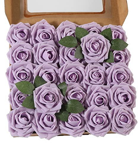 Ruiuzioong Künstliche 25 Stück Rosen Blumen Schaumrosen Foamrosen Kunstblumen Rosenköpfe Gefälschte Kunstrose Rose für Hochzeit Blumensträuße Braut Zuhause Dekoration (Helles Lila, 25 Stück)