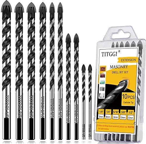 10PCS Masonry Drill Bit Set & Concrete Drill Bit Set, Extension Professional Carbide Drill Bit Set for Glass/Brick/Plastic/Cement/Wood/Tile/Etc, 1/8-1/2 by TITGG