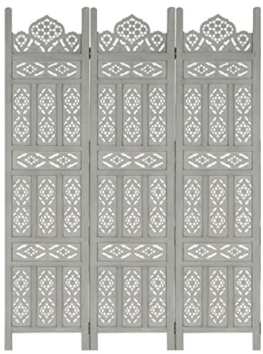 vidaXL Mangoholz Massiv Raumteiler 3-TLG. Handgeschnitzt Klappbar Trennwand Paravent Spanische Wand Umkleide Sichtschutz Grau 120x165cm