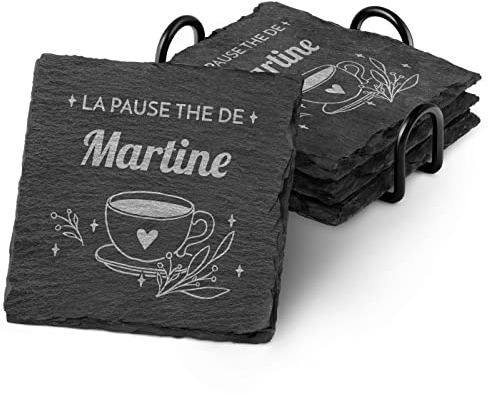 Maverton Ensemble de 4 Dessous de verre personnalisés - Sous-verres en ardoise avec support en métal noir - pour elle - pour femme - pour anniversaire - accessoire maison - thé