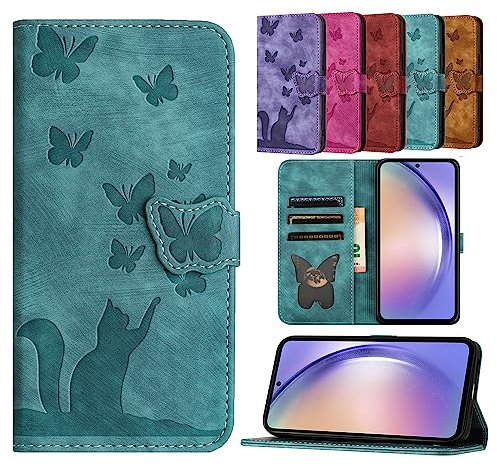 TEDTIKJT Cover für iPhone SE 2022/SE 2020/iPhone 8/iPhone 7/iPhone 6 Hülle PU Leder Flip Wallet Card Slot Magnetic Protective Hülle, Kompatibel mit iPhone SE, Schmetterling Katze Muster - Grün