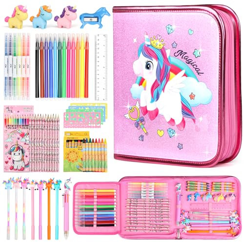 Hot Bee Einhorn Federmäppchen, Geschenke für Mädchen, Spielzeug Ab 3-7 Jahre, Filzstifte Glitzerstifte, Bastelset Kinder 3-6 Jahre