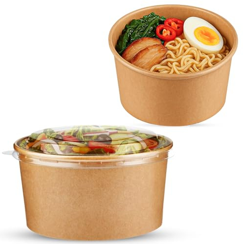 CHEF ROYALE 100x 500ml Kraft Salad Paper Bowls with Lids -Takeaway Bowls for Hot/Cold Food - Leakproof Soup Containers - Carboard Packaging