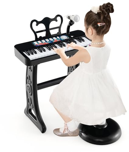 DREAMADE Clavier de 37 Touches pour Enfants 3+ Ans, Piano Jouet Musical Électronique avec Microphone, Tabouret Confortable, Pupitre de Musique Amovible (Noir)