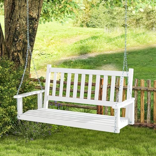 GOPLUS Balançelle Jardin 2/3 Places Extérieur, Chaise Hamac Siège Suspnedue en Bois avec Chaînes de Suspension Ajustables, Dossier à Lattes et Accoudoirs Lisses, Charge 230/360KG(136x67x63CM Blanc)