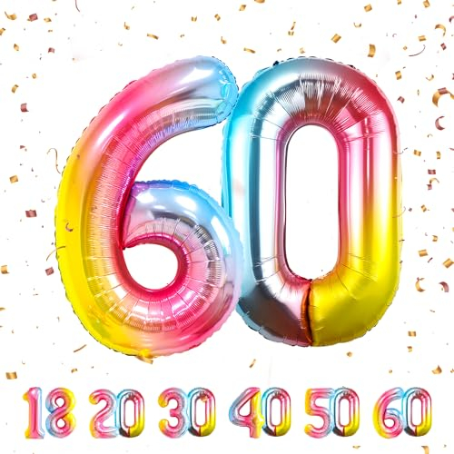 60 Geburtstag Deko zahlen luftballon 60 jahre | Folienballon Regenbogen - für 60. Geburtstagsdeko Männer Frauen Ballon Zahl Deko zum Geburtstag fliegt mit Helium 60.Geburtstagsparty 40-101cm