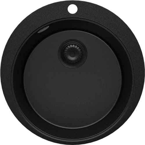 PRIMAGRAN Fregadero Cocina Circular Todo Negro 53x53cm, Granito 1 Seno + Sifón + Tabla de cortar, Sobre encimera al mueble 50cm - Pisa Max