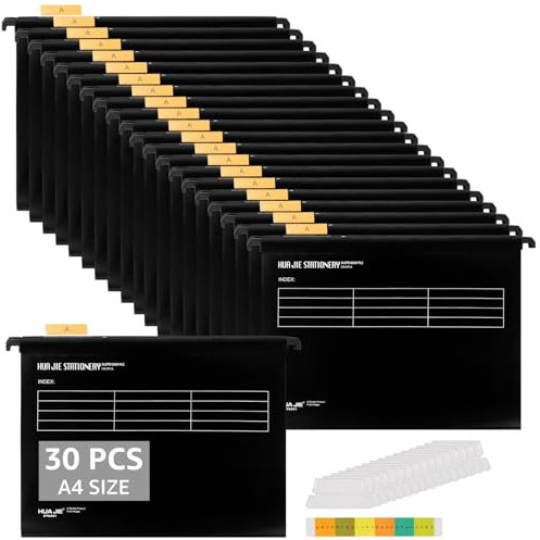 LOPYXBR 30 Stück Hängeregister Mappen, Hängemappen A4 mit Tabs und Karteneinsätzen, Schwarz Hängeregister, Aktenschrank Hängemappen für Zuhause, Schule, Büro