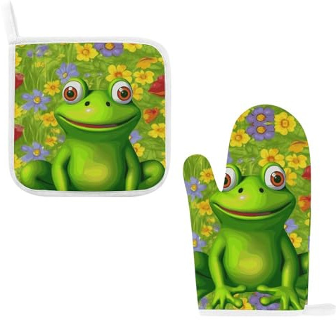 Küchenhandschuh, hoch hitzebeständig, Frosch, bedruckte Ofenhandschuhe und Topflappen, Kochpads zum Kochen, Grillen, Backen, 27,9 x 14,5 cm