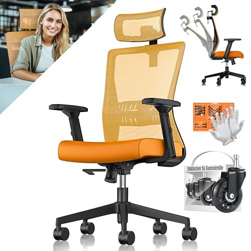 KESSER® Bürostuhl Ergonomisch mit verstellbaren Armlehnen | Drehstuhl mit Lendenwirbelstütze Rückenschonend | Schreibtischstuhl mit Kopfstütze | Office Chair Wippfunktion bis 125° mit 5X Gummirollen