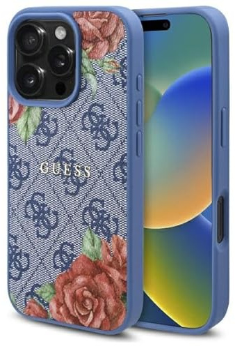 CG MOBILE Guess GUHMP16LP4ROPEMCB Hülle für iPhone 16 Pro 6,3 Zoll, blau, lizenzierter 4G-Blumendruck, kompatibel mit MagSafe