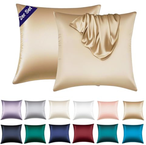 Soifox Satin Kissenbezug 80x80 2er Set - Weich wie Luxurious Seidenkissenbezug 80x80 für Haar und Haut mit Reißverschluss Taupe