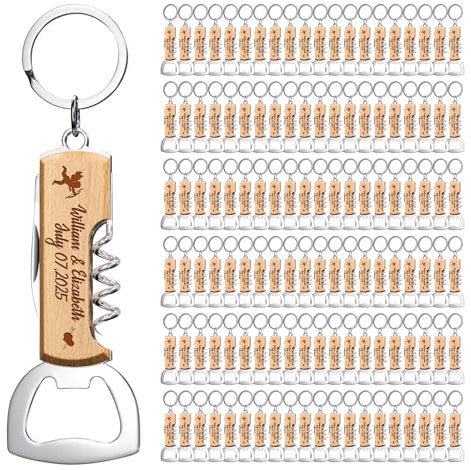 120 Pezzi Apri Bottiglie in Legno Personalizzato Multifunzionale, Regali Personalizzati per Matrimoni Feste di Compleanno, Portachiavi Apribottiglie Inciso per Ospiti