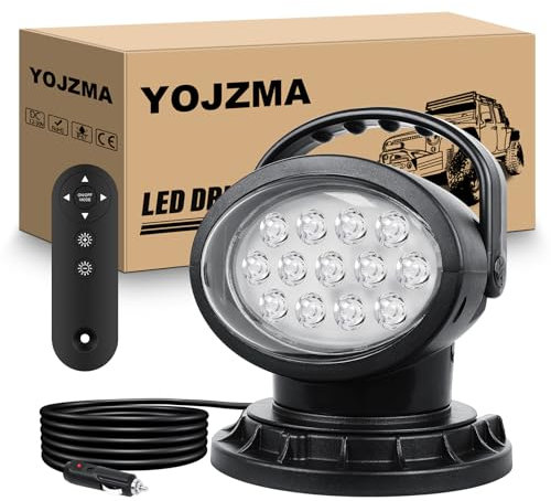 YOJZMA 50W Projecteur LED Télécommandé, Lampe de Travail LED Rotative 360° avec Mode Strobe, Aimants Puissants Intégrés, Luminosité Réglable, Projecteur 12V 24V pour Camions Bateaux Chasse