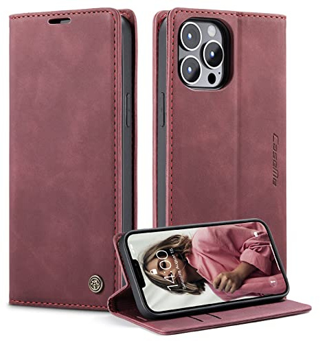 Monweicz Handyhülle für iPhone 13 Pro Hülle Premium Lederhülle Klappbar Flip Case Tasche Magnet Kartenfach Standfunktion Klapphülle Schutzhülle für iPhone 13 Pro - Weinrot